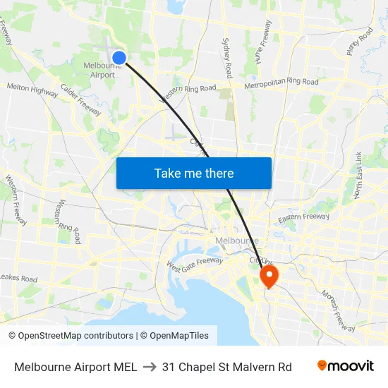 Melbourne Airport MEL to 31 Chapel St Malvern Rd map