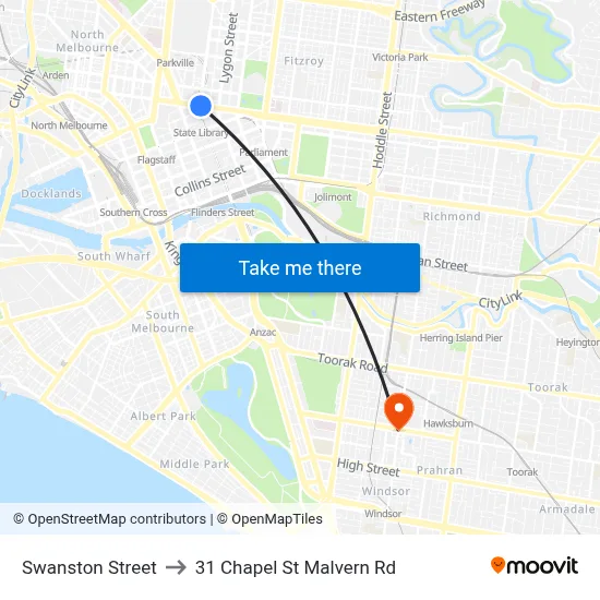 Swanston Street to 31 Chapel St Malvern Rd map