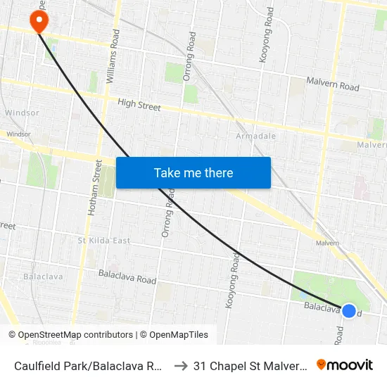 Caulfield Park/Balaclava Rd #53 to 31 Chapel St Malvern Rd map