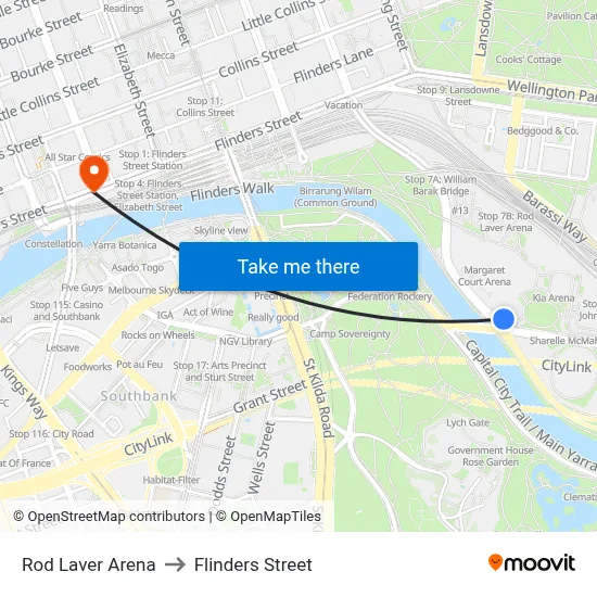 Rod Laver Arena to Flinders Street map