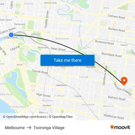 Melbourne to Tooronga Village map