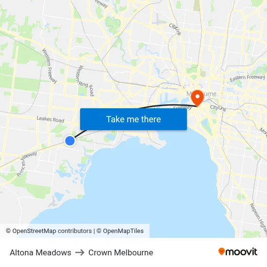 Altona Meadows to Crown Melbourne map