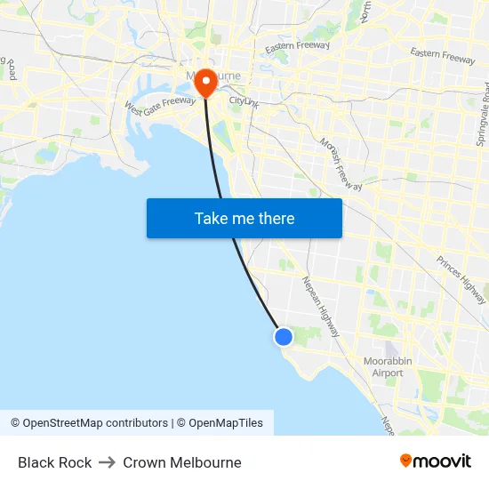 Black Rock to Crown Melbourne map