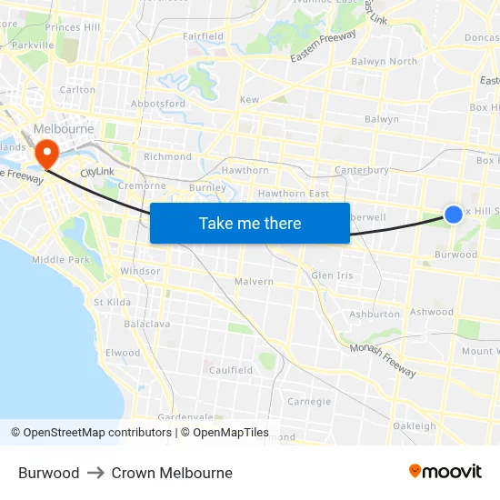 Burwood to Crown Melbourne map