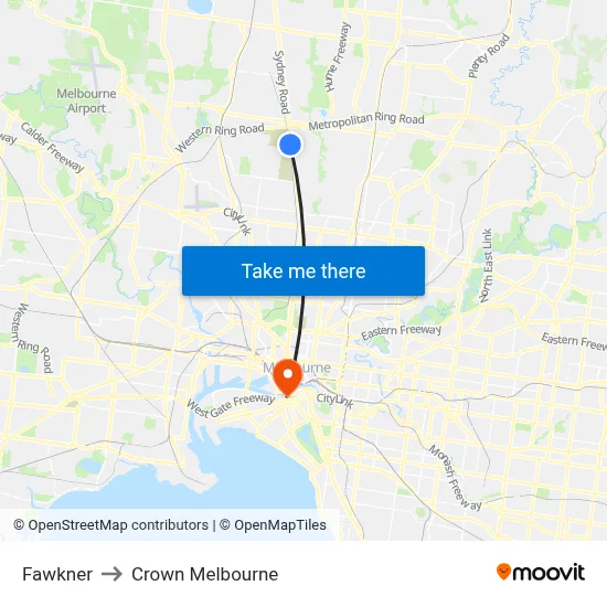 Fawkner to Crown Melbourne map