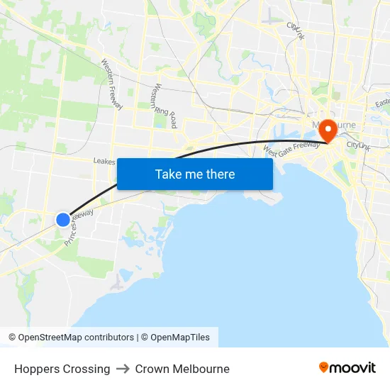 Hoppers Crossing to Crown Melbourne map