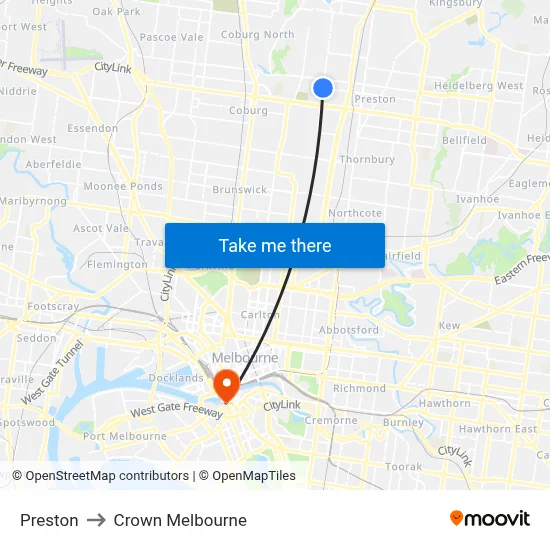 Preston to Crown Melbourne map
