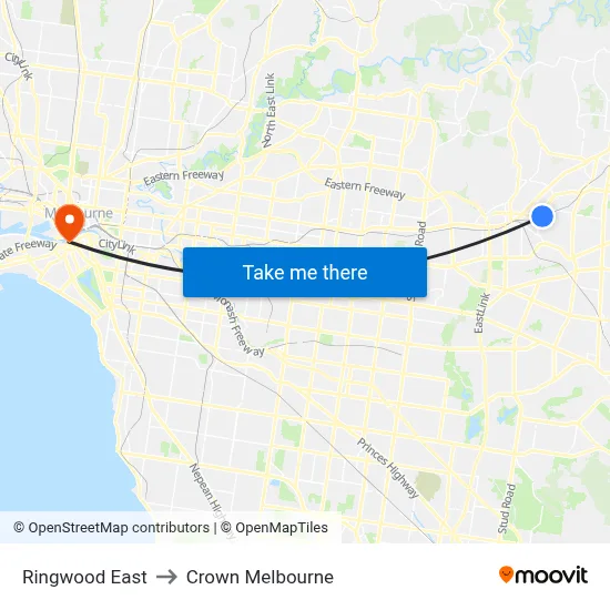 Ringwood East to Crown Melbourne map