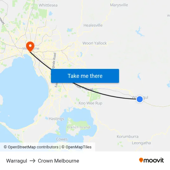 Warragul to Crown Melbourne map
