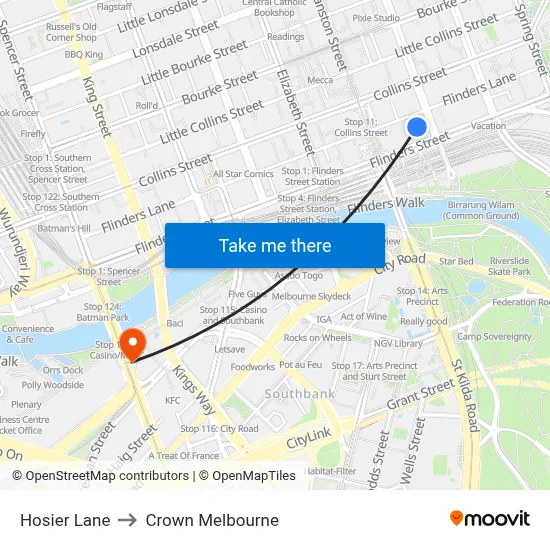 Hosier Lane to Crown Melbourne map