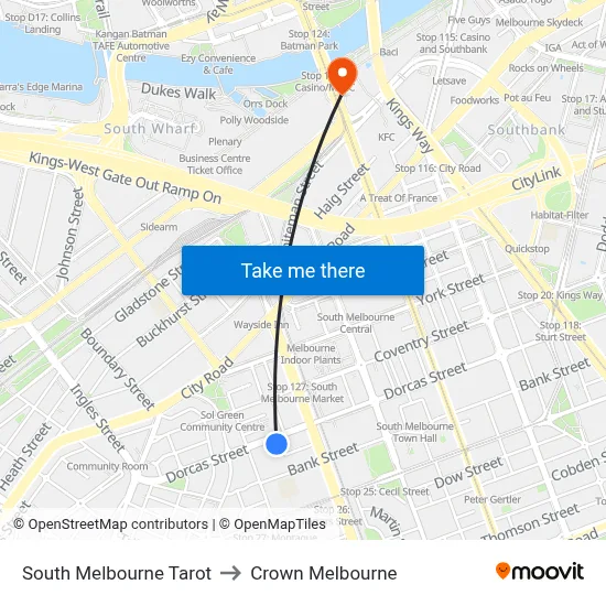 South Melbourne Tarot to Crown Melbourne map