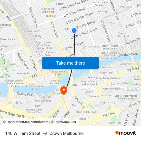 140 William Street to Crown Melbourne map