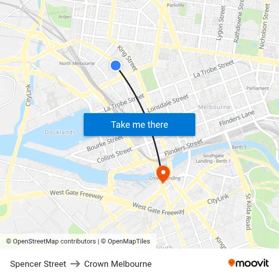Spencer Street to Crown Melbourne map