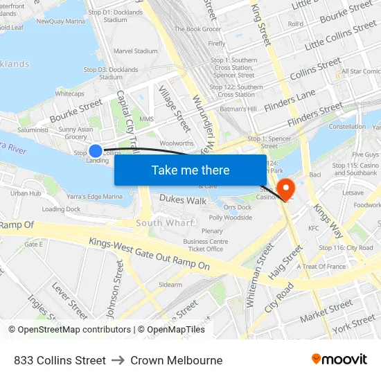 833 Collins Street to Crown Melbourne map