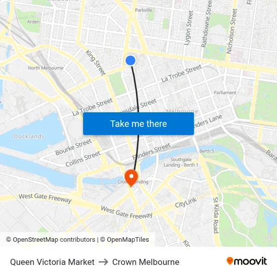 Queen Victoria Market to Crown Melbourne map