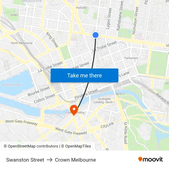 Swanston Street to Crown Melbourne map