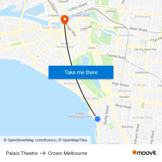 Palais Theatre to Crown Melbourne map