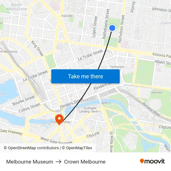 Melbourne Museum to Crown Melbourne map