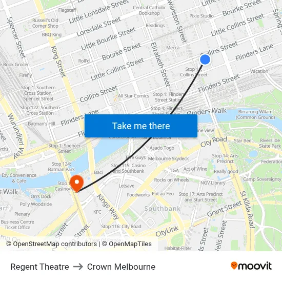 Regent Theatre to Crown Melbourne map
