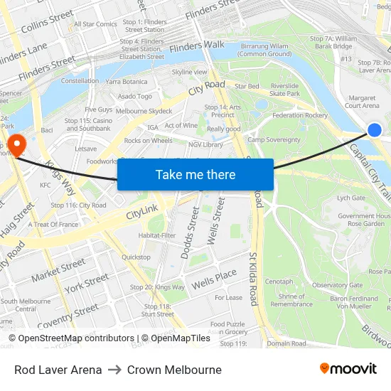 Rod Laver Arena to Crown Melbourne map