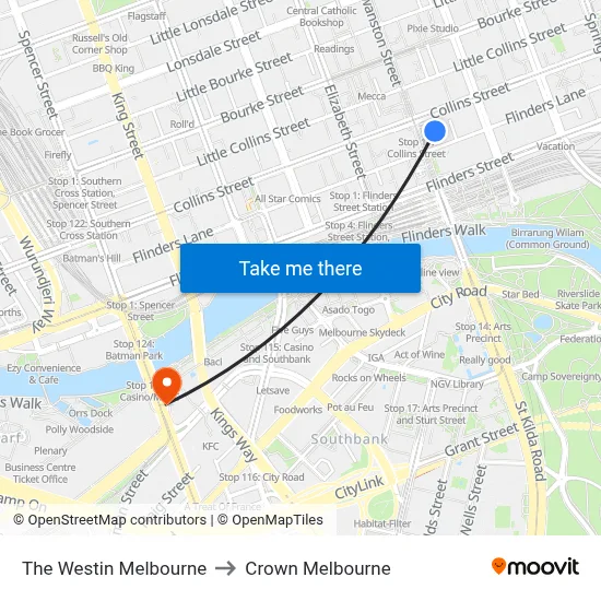 The Westin Melbourne to Crown Melbourne map