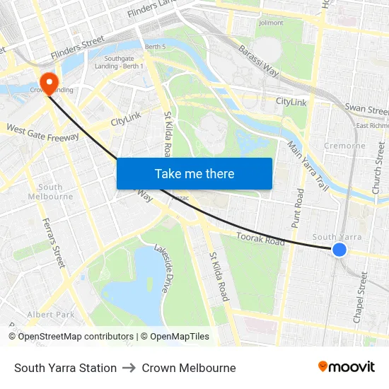 South Yarra Station to Crown Melbourne map