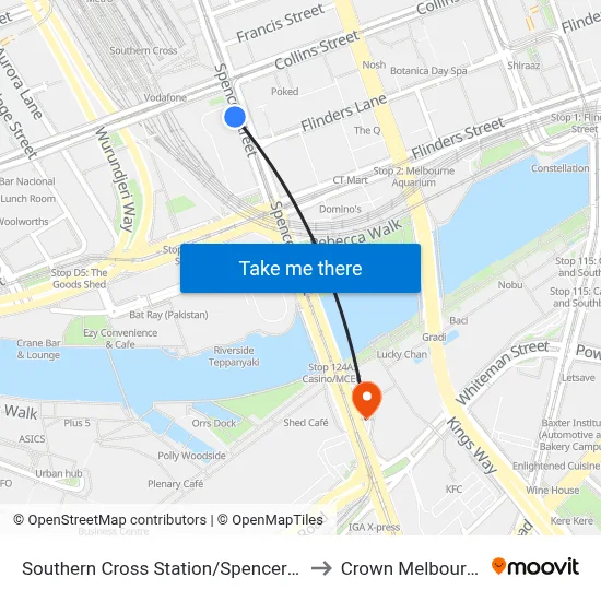 Southern Cross Station/Spencer St to Crown Melbourne map