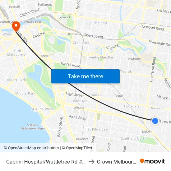 Cabrini Hospital/Wattletree Rd #47 to Crown Melbourne map