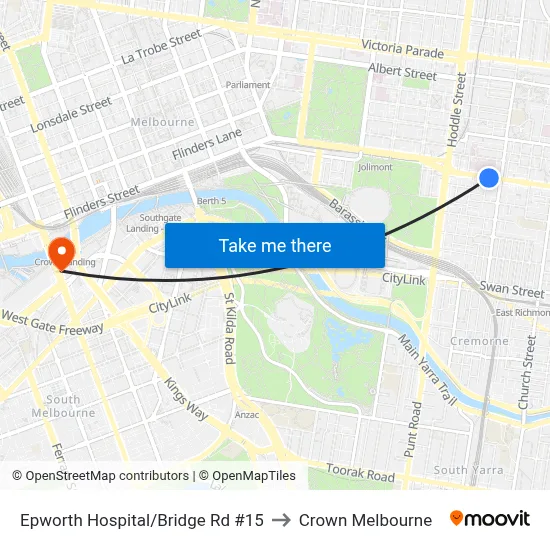 Epworth Hospital/Bridge Rd #15 to Crown Melbourne map