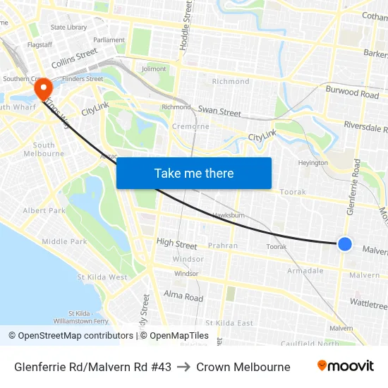 Glenferrie Rd/Malvern Rd #43 to Crown Melbourne map