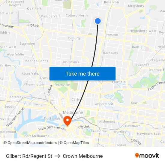 Gilbert Rd/Regent St to Crown Melbourne map