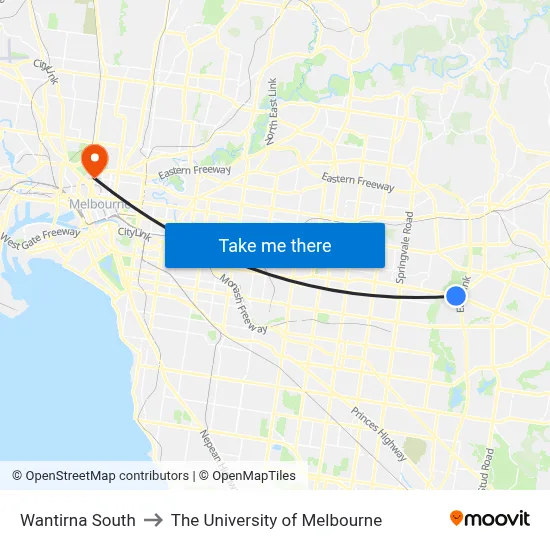Wantirna South to The University of Melbourne map
