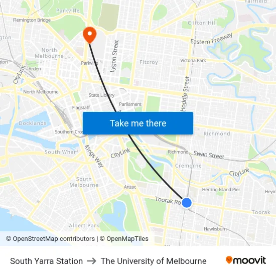 South Yarra Station to The University of Melbourne map