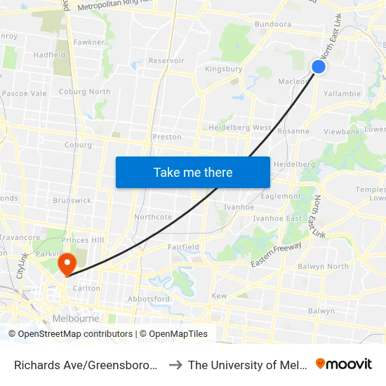 Richards Ave/Greensborough Hwy to The University of Melbourne map