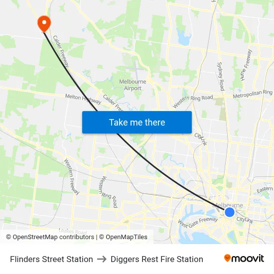 Flinders Street Station to Diggers Rest Fire Station map