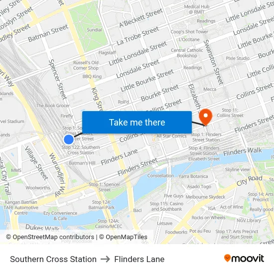 Southern Cross Station to Flinders Lane map