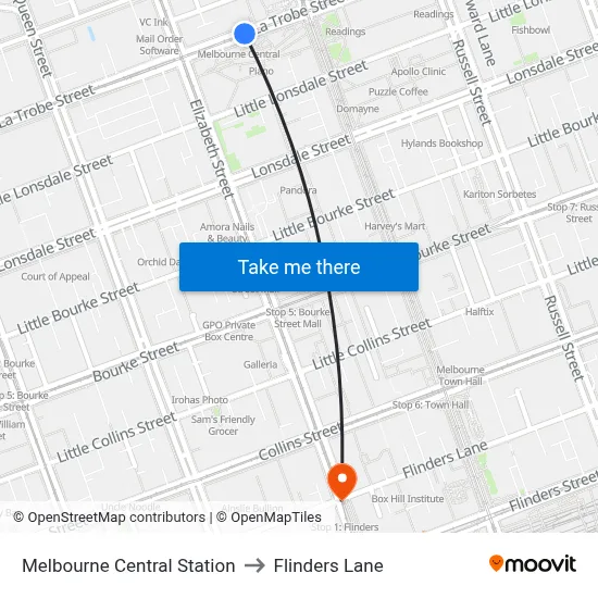 Melbourne Central Station to Flinders Lane map