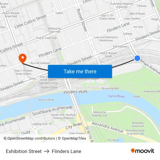 Exhibition Street to Flinders Lane map