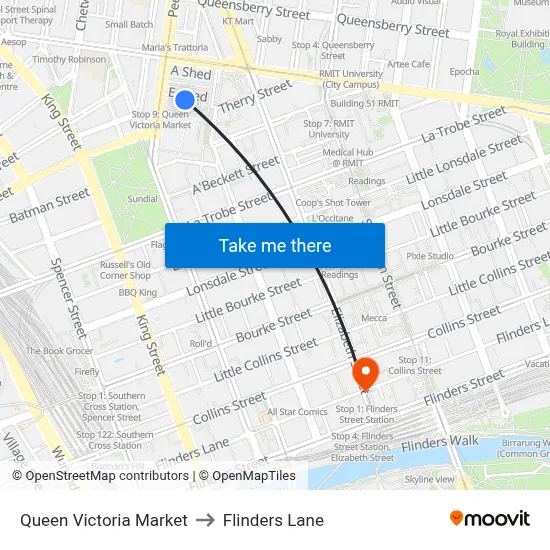 Queen Victoria Market to Flinders Lane map