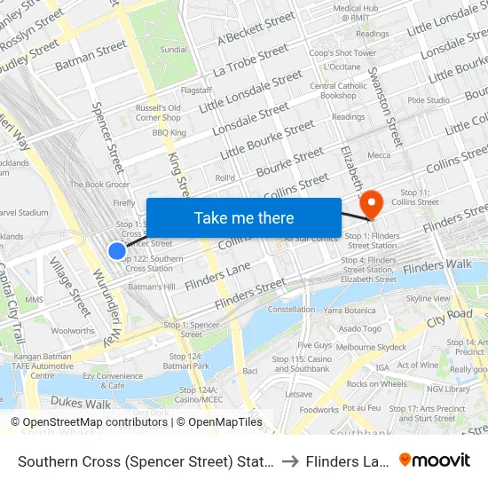 Southern Cross (Spencer Street) Station to Flinders Lane map
