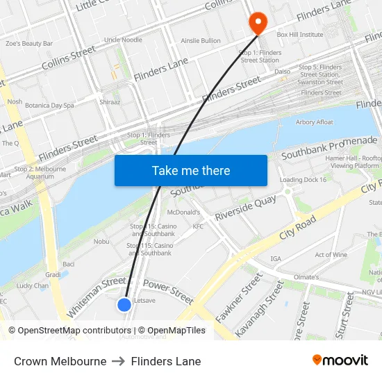 Crown Melbourne to Flinders Lane map
