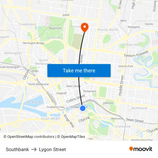 Southbank to Lygon Street map