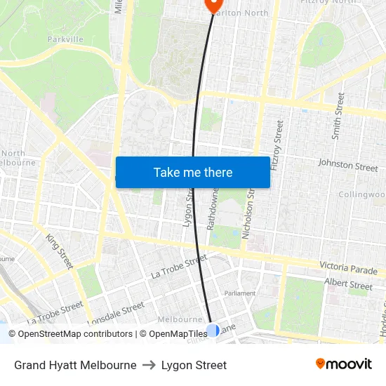 Grand Hyatt Melbourne to Lygon Street map