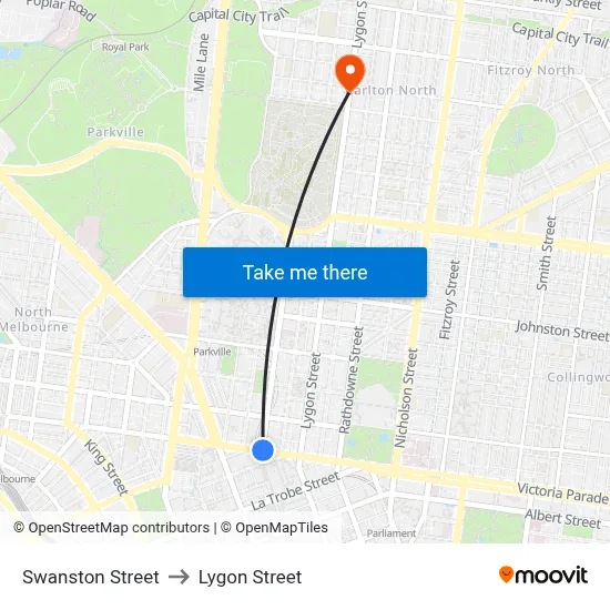 Swanston Street to Lygon Street map