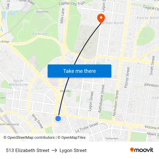 513 Elizabeth Street to Lygon Street map