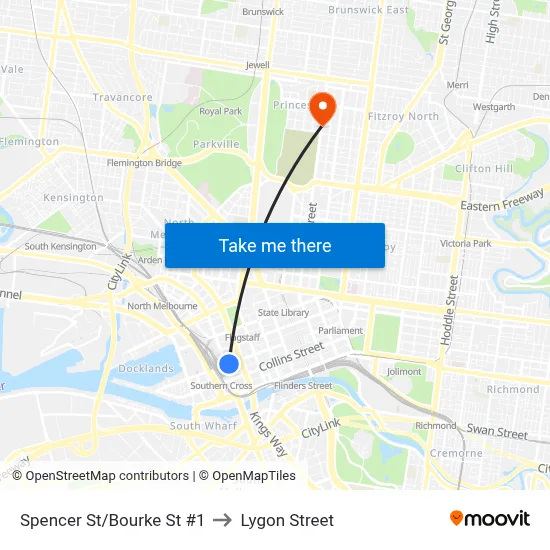 Spencer St/Bourke St #1 to Lygon Street map