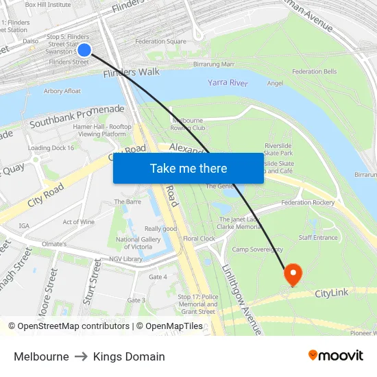 Melbourne to Kings Domain map