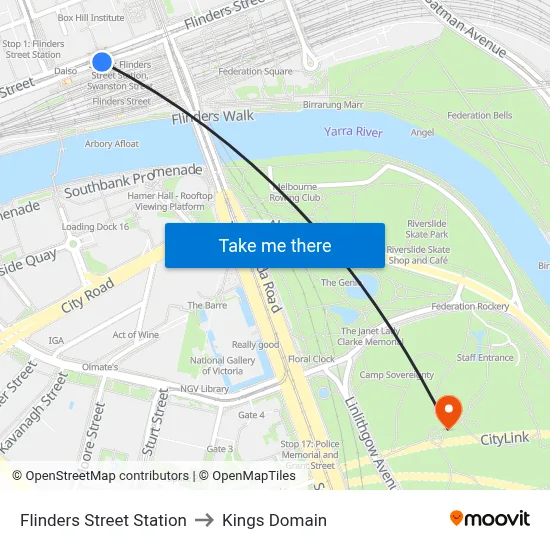 Flinders Street Station to Kings Domain map