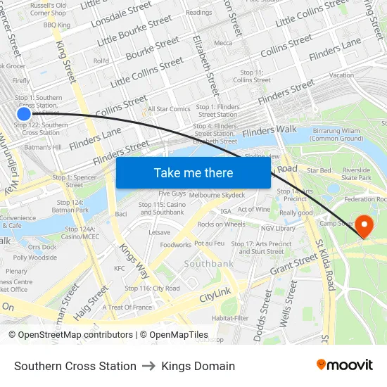 Southern Cross Station to Kings Domain map