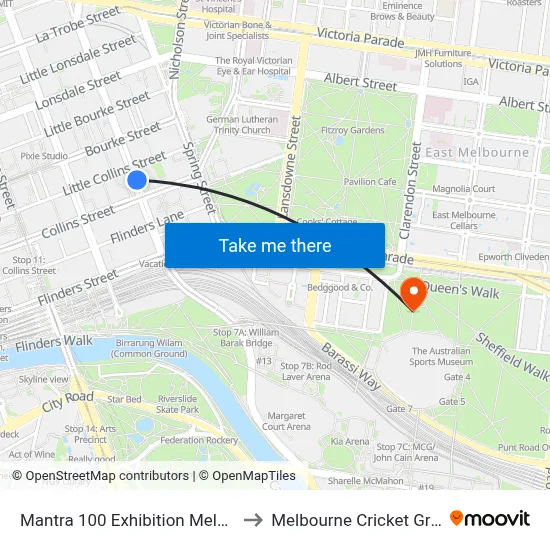 Mantra 100 Exhibition Melbourne to Melbourne Cricket Ground map